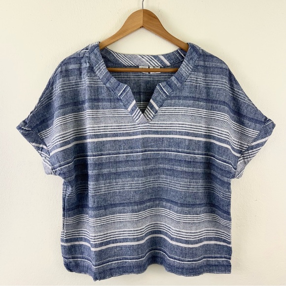 Artisan NY Linen/Cotton Blend Navy Striped Boho Short Sleeve Top - Picture 1 of 9